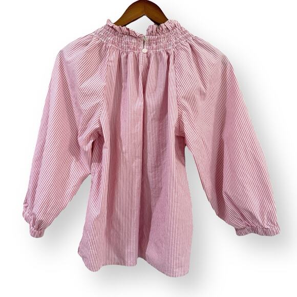 J. Crew Cotton Poplin Smocked Striped 3/4 Sleeve Top Small Pink White BM027 - Picture 8 of 11